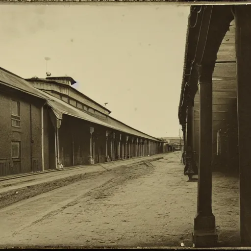 Image similar to daguerreotype, 1800 photography, Nineteenth-century railway station completely empty, realistic, high definition,