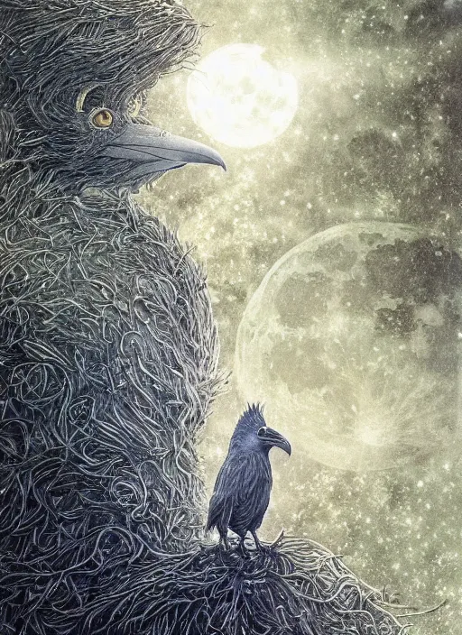 Image similar to glowing silver and golden elements, full close-up portrait, ghibli crow, book cover, green forest, white moon, establishing shot, extremly high detail, photo-realistic, cinematic lighting, pen and ink, intricate line drawings, by Yoshitaka Amano, Ruan Jia, Kentaro Miura, Artgerm, post processed, concept art, artstation, matte painting, style by eddie mendoza, raphael lacoste, alex ross