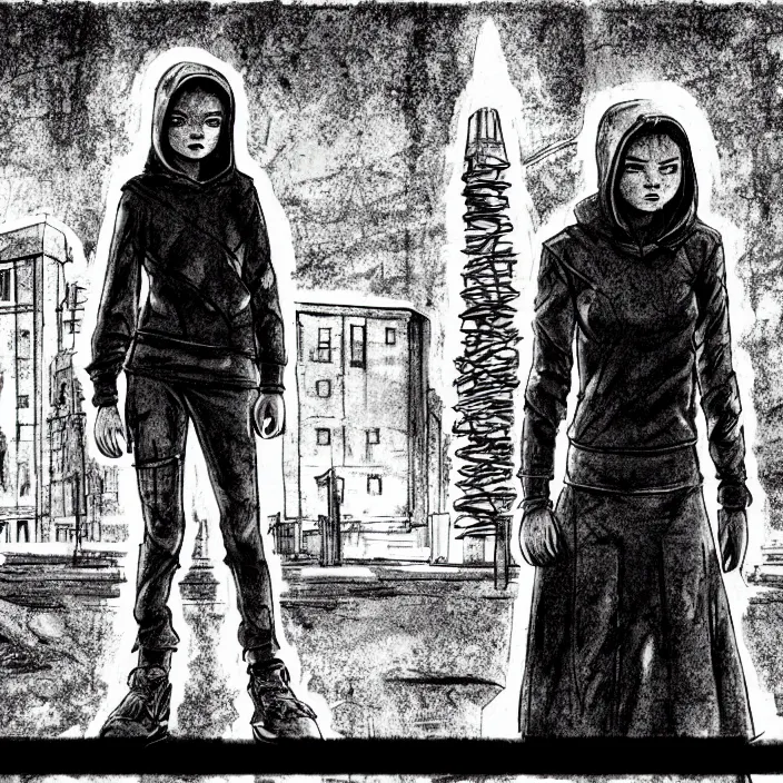 Prompt: storyboard : sadie sink in hoodie sits on long bench in ruined square, pedestrians walk by, soviet monument and propaganda posters. scifi cyberpunk. by gabriel hardman. cinematic atmosphere, detailed and intricate, perfect anatomy