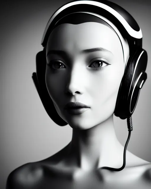 Image similar to black and white dreamy young beautiful female artificial intelligence with a futuristic headset, cinematic, rim light, bokeh, photo - realistic, elegant, high detail, 8 k, masterpiece, photo taken in 1 9 3 0