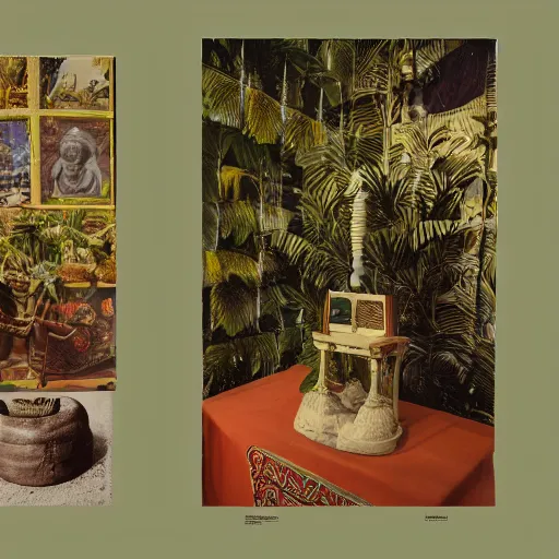 Image similar to An offset photography of an object on display, three colors, anthropology of wonder, ((exotic artifacts)), bauhause, (tropicalism), colonial expedition, exhibition, 60s style