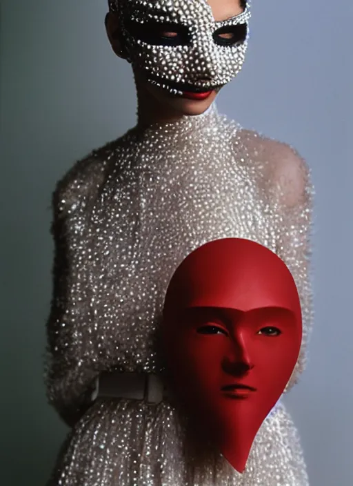 Image similar to a fashion portrait photograph of a woman wearing a mask made of small spheres designed by balenciaga, 3 5 mm, color film camera,