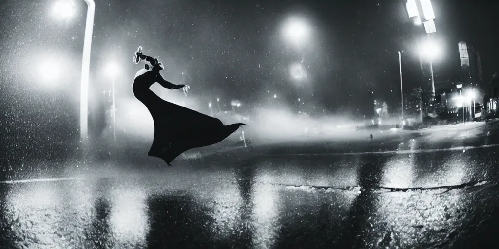 Image similar to fisheye lens slow motion with trail effect of futuristic break dancer wearing floating long dress, long exposure shot , at night in the middle of a rainy street, paddle of water, steam, fog, water splashes, rim lights, glossy reflections, water droplets on lens, octane render, dark and dramatic, explosion in the background, detailed and soft, fisheye lens, smooth, sharp focus, illustration, art by artgerm and greg rutkowski