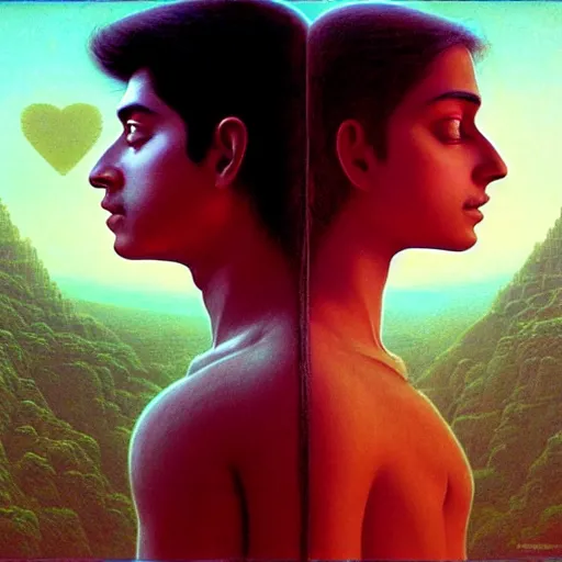 Image similar to perfectly - centered movie promotional poster - photograph of a young indian guy and a beautiful girl side profile faces symmetrical ; real life portrait by beksinski and jean delville, romantic theme, two lovers sharing one heart, unreal engine 5, photorealism, hd quality, 8 k resolution, cinema 4 d, hdr dramatic lighting ; symmetrical, cinematic, high coherence