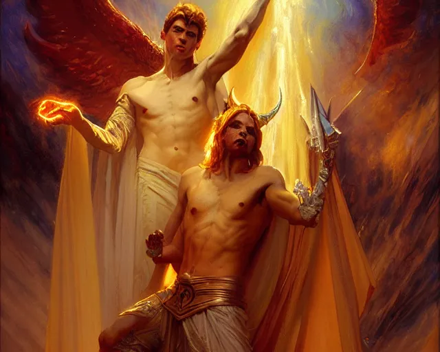 Image similar to attractive male deity, casting demonic magic, summoning handsome lucifer morning star. highly detailed painting by gaston bussiere, craig mullins, j. c. leyendecker 8 k