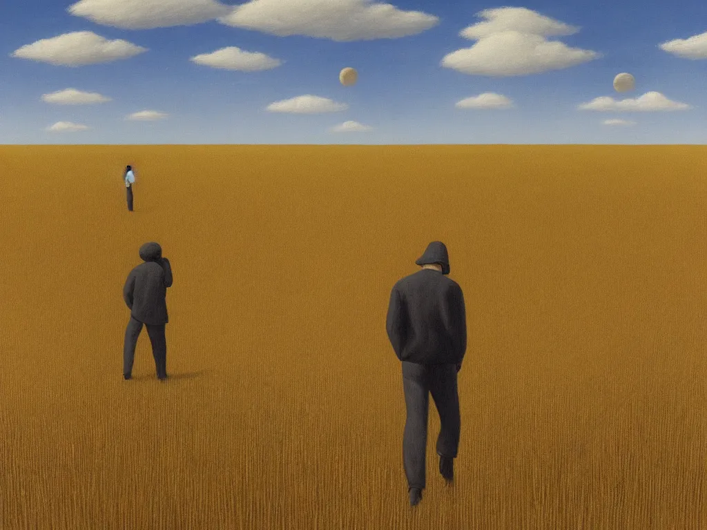 Prompt: a painting of a lonely figure walking away in a wheat field with planet circles above the horizon on a bright noon, minimalistic, sharp edges, elegant, highly detailed, digital painting, artstation, concept art, smooth, sharp focus, colored illustration for tattoo, art by krenz cushart and rene magritte and david inshaw,