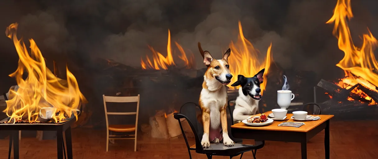 Prompt: a photograph (flash on) of a relaxed anthropomorphic dog sitting on a chair at a dinner table (no fire at all there), surrounded by flames, cup of coffee on the table, huge fire on this dining room in the background, a lot of flames behind the dog, black smoke instead of the ceiling, no watermark