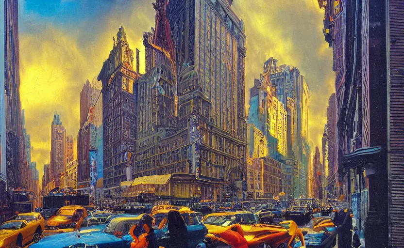 Image similar to new york city, disturbing colorful oil painting dutch golden age architecture sparse composition with strange gooey transparent surfaces shiny metal reflections bizarre sun rachel ruysch dali todd schorr very detailed perfect composition rule of thirds masterpiece canon 5 0 mm, cinematic lighting, photography, retro, film, kodachrome