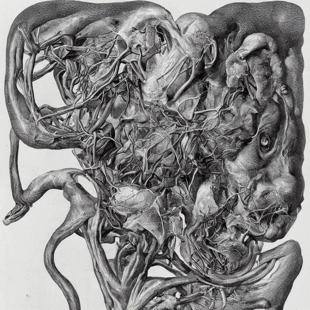 Image similar to anatomical engraving of an unknown specie, anatomical study of animal hybrids from another universe