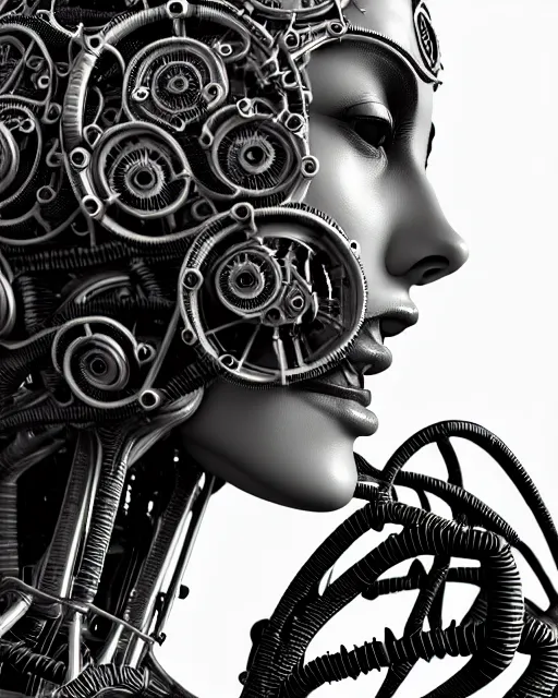 Image similar to mythical black and white organic bio-mechanical spinal ribbed profile face portrait detail of mechanical beautiful female angelic-vegetal-cyborg, highly detailed, intricate steampunk ornate, poetic, 3D render, digital art, octane render, 8K artistic photography, photo-realistic, by Dora Maar