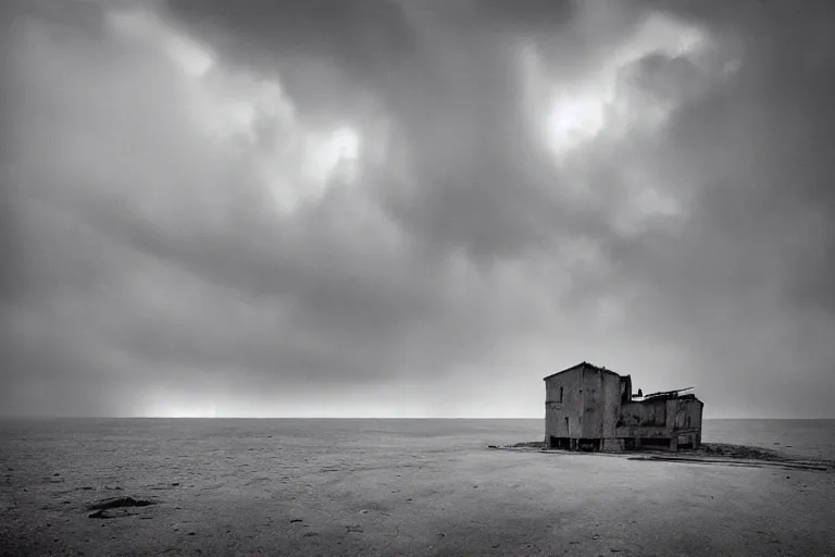 Image similar to high key lighting, ighting storm, danila tkachenko, photograph of an abandonet soviet building bloc in the middle of the ocean,