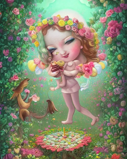 Prompt: Whimsical fairytale, poplolita, flowers, candy land, carnival, Mark Ryden and Cyril Rolando, pastel color palette, detailed and realistic, intricate, ornate, Artstation, CGsociety