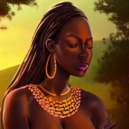 Image similar to a beautiful african woman meditating on a rock, beautiful face, pretty face, trending on artstation, digital art,