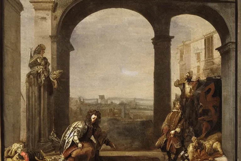 Image similar to you're a rockstar with a bulbous tongue, a francesco guardi detailed painting standing between archways to opposite dimensions, calluses build up to the steps of the gods