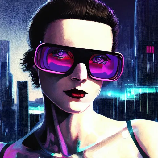 Prompt: molly millions, closeup portrait of a muscular beautiful cyberpunk woman, sunglasses, shag haircut, megacity background, gorgeous view, film noir, promotional art, neuromancer, ghost in the shell, blade runner, dystopia, depth, painted by seb mckinnon, painted by greg rutkowski, digital art, trending on artstation