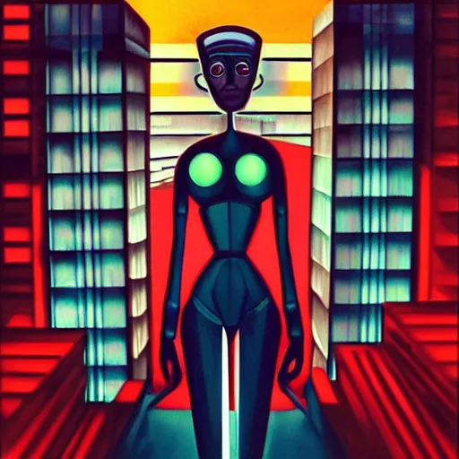 Image similar to “femme 1950s robot, facing a futuristic city, art deco, on canvas, dramatic lighting, clean dark lines, glowing highlights”