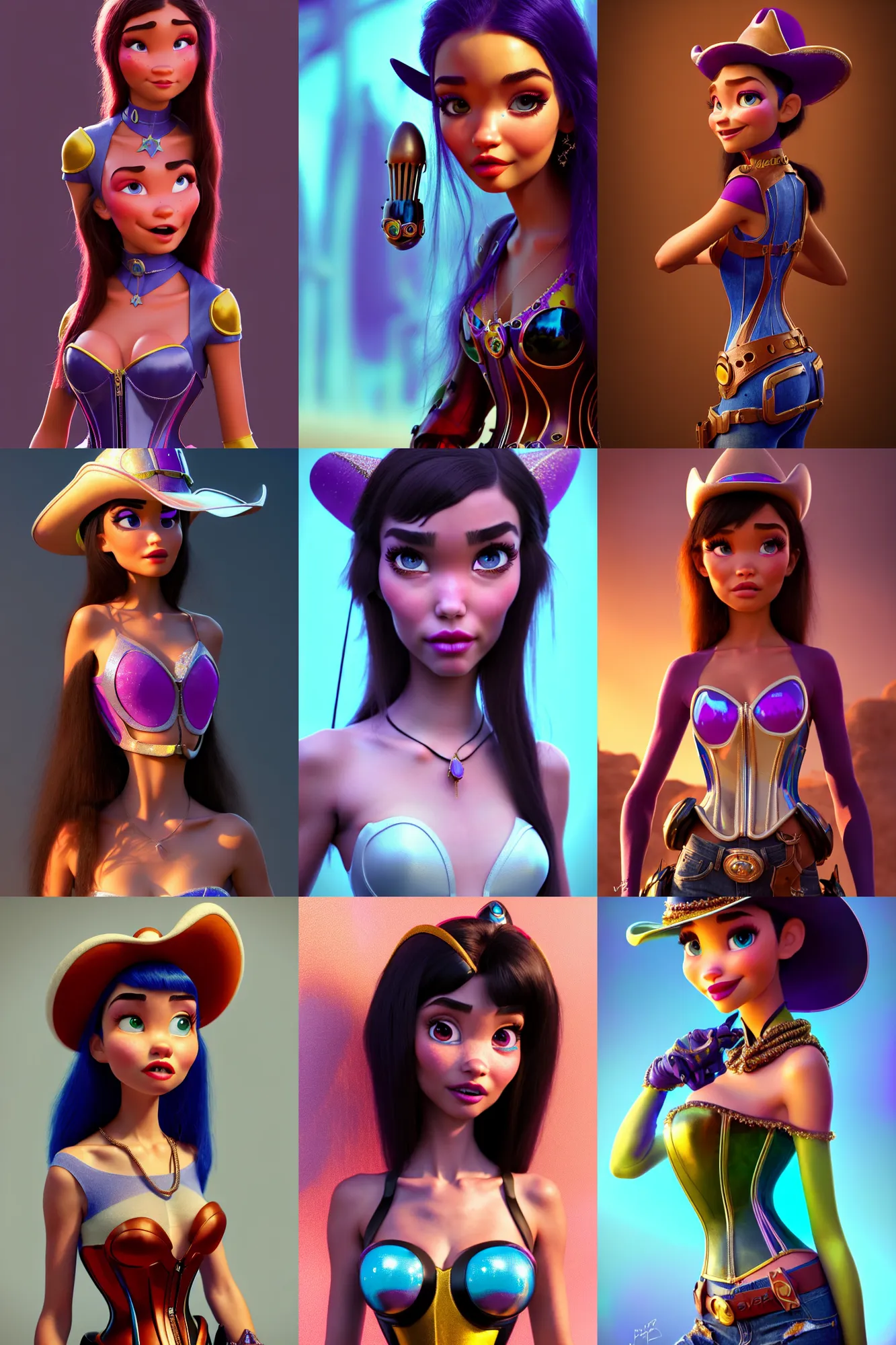 Prompt: pixar woman madison beer raver cowgirl, sweaty | jewelry | glamorous oily soft polished rich ornate pout modern | weta disney pixar movie still photo | hi - fructose, sci fi fantasy, corset, smooth, octane render, sharp focus, artstation, concept art | artgerm, mucha, wlop, loish |