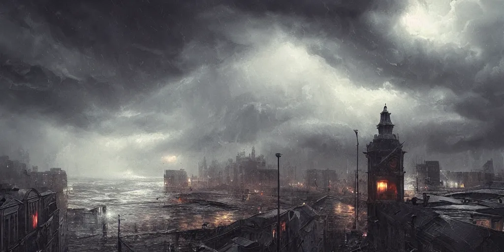 Image similar to photograph of severe weather storms across Europe, architecture, detailed face, highly detailed, cinematic lighting, urban art style, climate change, digital art painting by greg rutkowski, cinematic, concept art, 35mm grain filter