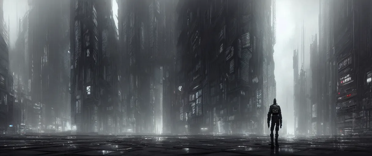 Image similar to dystopian cyberpunk world, with doors everywhere, grey sky, monochrome except doors, concept art, matte painting, high detail, doors on floor, dark, buildings made of doors, large scale, digital painting, style of jordan grimmer, high res