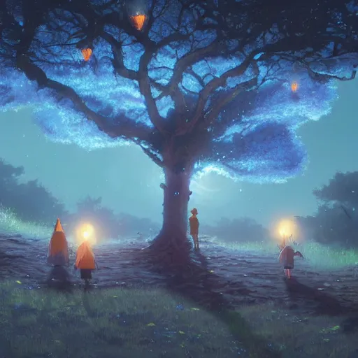 Prompt: lost souls forming new life beneath a glowing blue tree on a gold hill, night sky, digital art by greg rutkowski and makoto shinaki, studio ghibli, trending on artstation