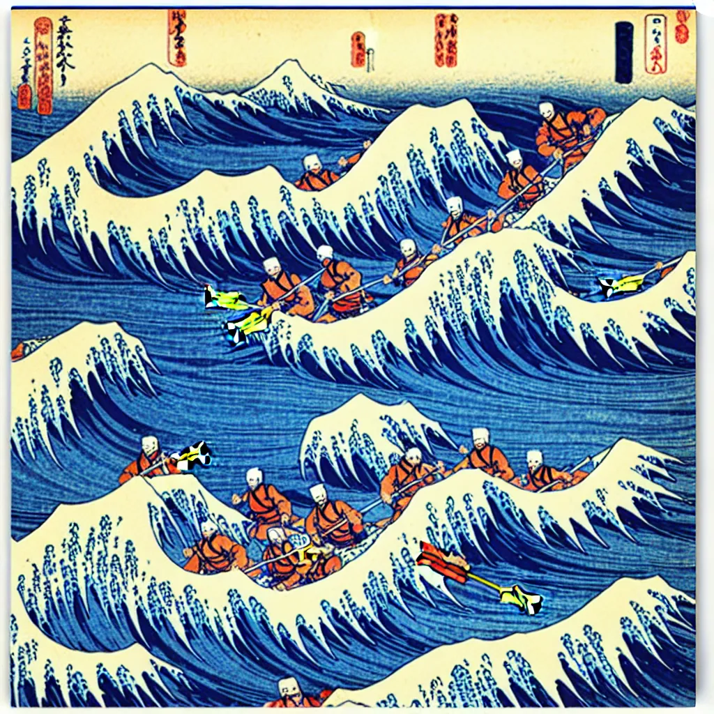 Image similar to river rafting on great wave by hokusai