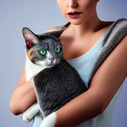 Image similar to A beautiful woman with blue short hair with bangs and green eyes holding a grey and white cat, full body portrait, highly detailed, excellent composition, dramatic lighting, realistic 4k