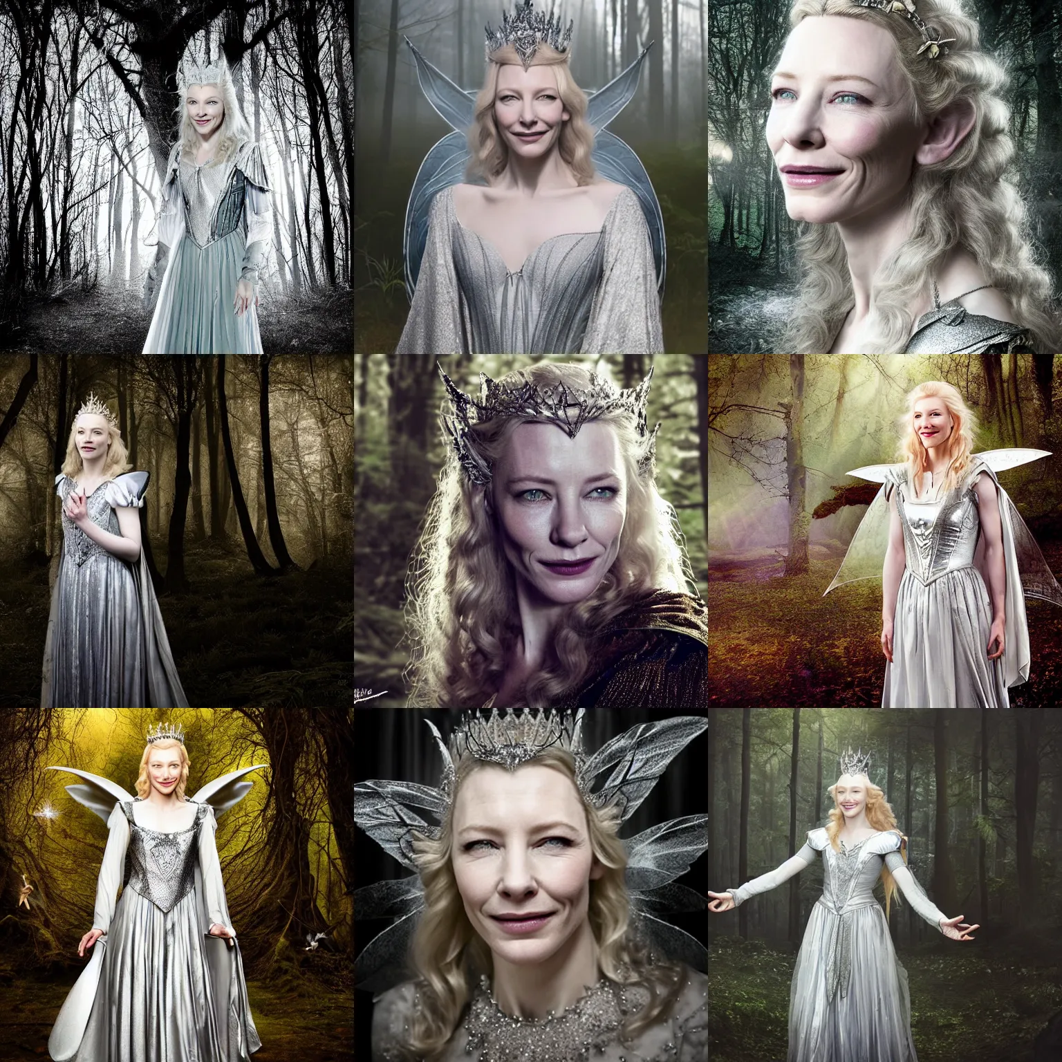 Prompt: portrait of mischievous, dangerous young, smiling Galadriel (Cate Blanchett) as a queen of fairies, dressed in a beautiful silver dress. ((The background is a dark, creepy eastern europen forrest)). night, horroristic shadows, high contrasts, lumnious, photorealistic, dreamlike, (mist filters), theatrical, character concept art by ruan jia, John Anster Fitzgerald, thomas kinkade, and J.Dickenson, trending on Artstation