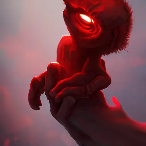 Image similar to tiny small cute demon held between palms of hands ,RED color scheme , fully detailed, atmospheric, volumetric lightening, beautiful , deviant art, artstation