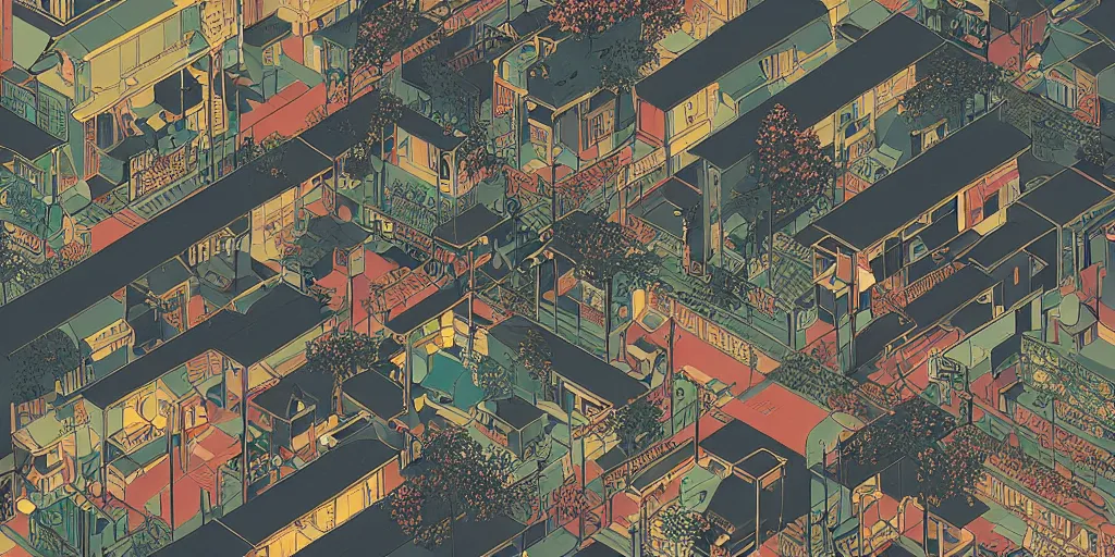 Prompt: isometric view illustration of a rural japanese street corner, by Victo Ngai