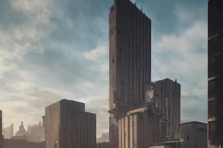 Image similar to streetscape, a towering cathedral of brutalist architecture, buildings covered with greebles, stunning volumetric light, sunset, metal, concrete and translucent material, stunning skies, majestic landscape, trending on Artstation, 8k, photorealistic, hyper detailed, unreal engine 5, IMAX quality, cinematic, epic lighting, in the style of Greg Rutkowski