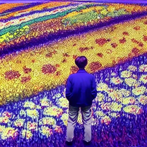 Image similar to man stands on a meadow made of popcorn, landscape, studio ghibli, anime