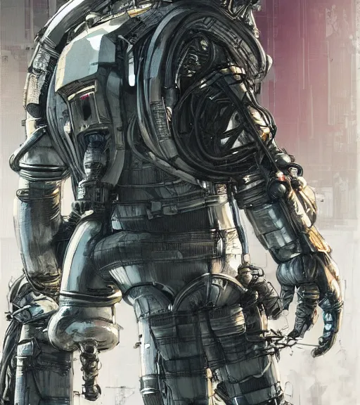 Image similar to realistic cyberpunk engineer with long limbs and a black spacesuit on a spacewalk, techwear, dead space, visible face, Industrial Scifi, detailed illustration, character portrait, by Ashley Wood and Moebius