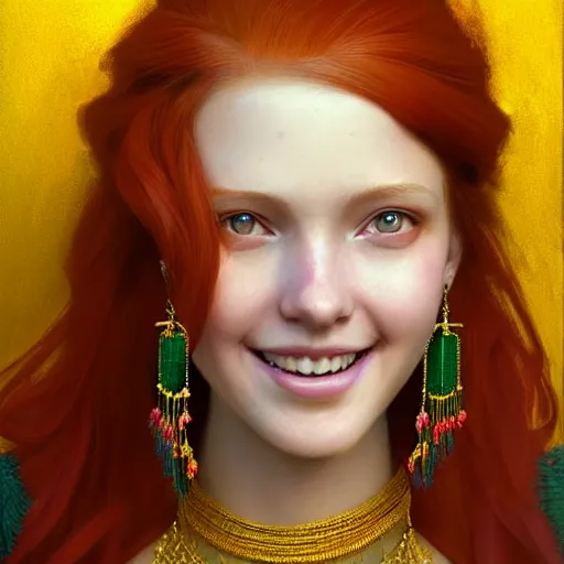 Prompt: Highly detailed painting of a beautiful young woman with long red hair, smiling by Craig Mullins and Ross Tran, wearing a fancy dress, Golden fabric Background, Golden thread, intricate patterns, Emerald Earrings, Trending on artstation, pinterest, cgsociety, 4k, 8k, HDR, award winning, unreal engine