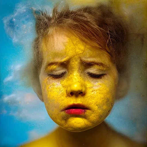 Image similar to crying girl, covered in yellow and blue clouds, by kim keever