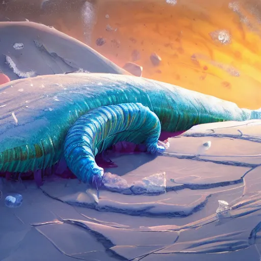 Prompt: giant jello worm in a icy desert, ice, snow, cold, by the tony sart, artstation