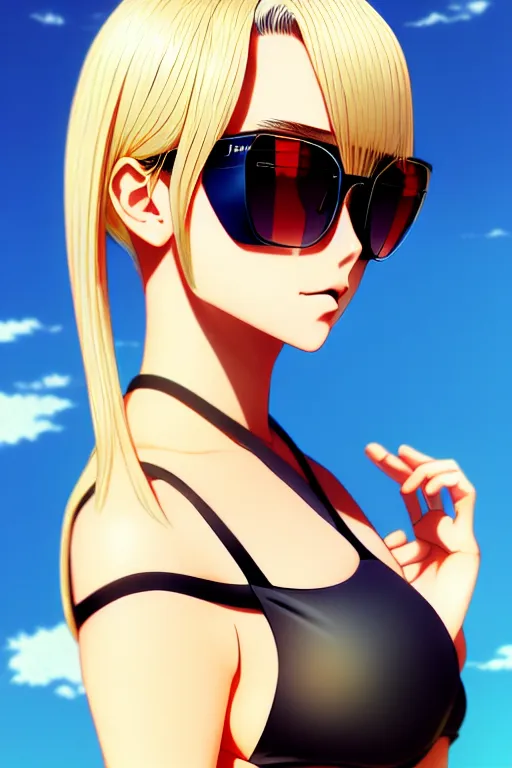 prompthunt: anime portrait of a handsome woman, brown hair, yellow - orange  eyes, wearing sunglasses and two - piece swimsuit, ilya kuvshinov, anime,  pixiv top monthly, trending on artstation, cinematic, danbooru, zerochan