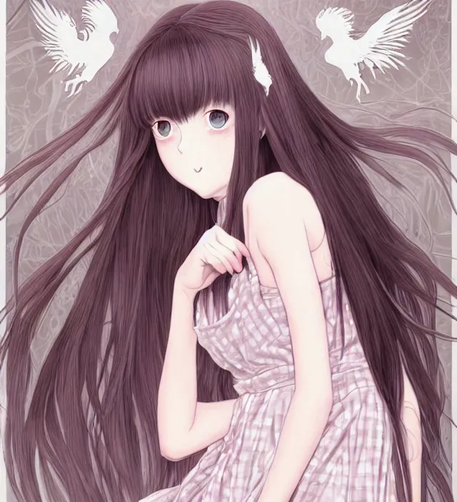 Prompt: portrait of a morbid 18 year old young woman wearing a dress of the soft aesthetic with wavy long hair, in a butcher shop, queen of sharp razorblades holds a single small sharp blade or a razor her hand and shows it to the user, in the style of Range Murata and by Katsuhiro Otomo and Yoshitaka Amano.