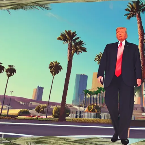 Prompt: Donald Trump in GTA V. Los Santos in the background, palm trees. In the art style of Stephen Bliss