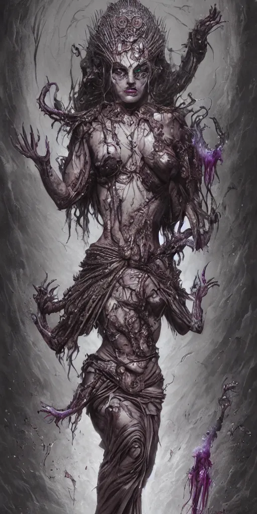 Prompt: an epic goddess with 4 arms holding a ceremonial athame in the air,beautiful and terrifying,melting sinew,full character design,8k,by Stanley Artgermm,Tom Bagshaw,Gerald Brom,Carne Griffiths,Ron English,Linsey Levendall,Giger,trending on DeviantArt,face enhance,hyper detailed,minimalist,horror,full of colour,cinematic,dynamic lighting