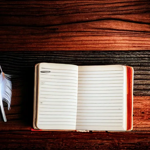 Prompt: highly detailed close up photo of an old worn notebook on wooden table, old table, feather pen, light coming out of near window, moody lighting, dust in air