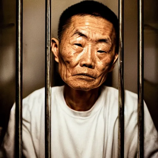 Image similar to a portrait of very very very old justin sun in futuristic prison looking through the bars of his cell, by annie leibovitz, shallow depth of field, cinematic lighting