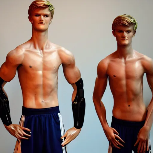 Image similar to a realistic detailed photo of a guy who is an attractive humanoid who is half robot and half humanoid, who is a male android, soccer player martin ødegaard, shiny skin, posing like a statue, blank stare, in a living room, on display, showing off his muscles, with a twin