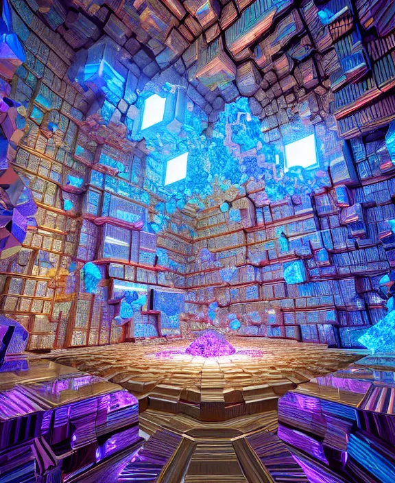 Prompt: giant fractal bismuth room consists of bismuth geodes, fractalization, extremely high details, masterpiece, photorealistic, hyperrealism, vray, octane render, volumetric lighting, depth of field, bokeh, artstation, cgsociety by johannen voss, greg broadmore