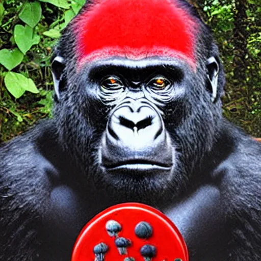 Image similar to gorilla with red headphones on holding a amanita muscaria made by banksy