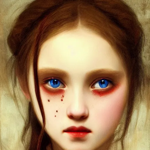 Image similar to portrait of young vampire princess, realistic eyes, headshot, pale skin, 4k, rule of thirds, extreme detail, detailed illustration, trending artstation, hd, fantasy, realistic lighting, by Albert Bierstadt, Frederic Edwin Church.