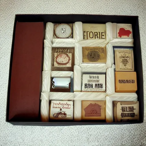 Image similar to vintage craft paper gift box for men, old school, wes anderson style, sealed with old wax