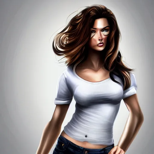 Prompt: woman in jeans wih belly, white t - shirt, realistic style, digital painting, diego fazio, samuel silva