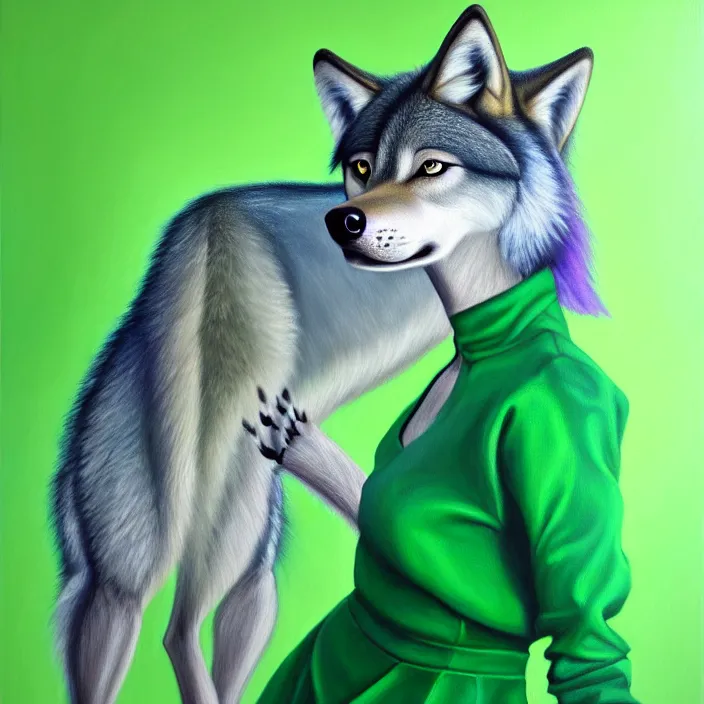 Image similar to a photorealistic painting of an anthropomorphic female wolf fursona wearing a green dress, violet hair, furry, soft lighting, oil on canvas, hyper detailed