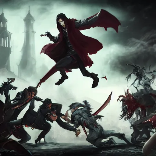 Image similar to a battle between the vampire and the werewolves, action pose, digital painting, WLOP, trending on artstation, 8k, epic composition, highly detailed, sharp focus