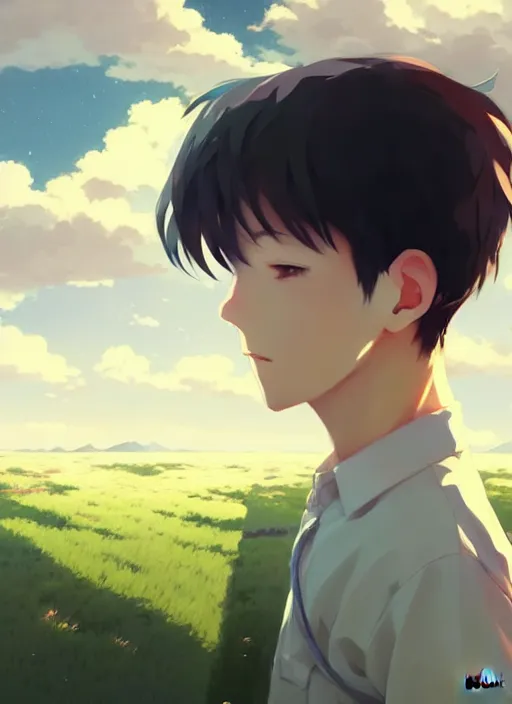 Image similar to portrait of cute boy, cloudy sky background lush landscape illustration concept art anime key visual trending pixiv fanbox by wlop and greg rutkowski and makoto shinkai and studio ghibli